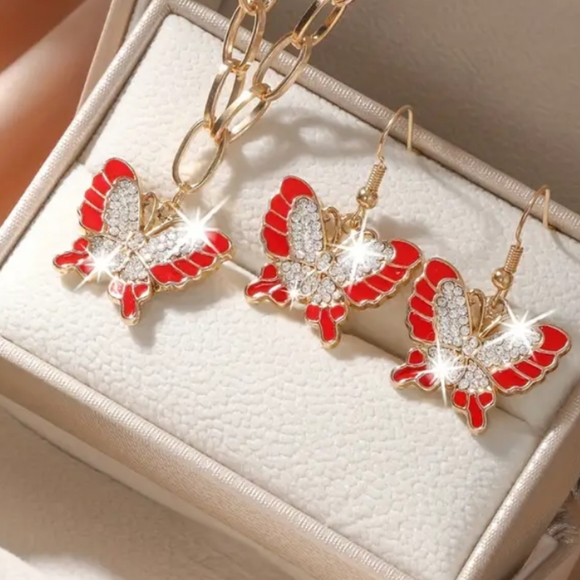 hand enameling Jewelry - GOLD/TOPAZ/ RED ENAMEL 20 IN PAPER CLIP CHAIN / PENDANT/MATCHING EARRING GIFTBOX